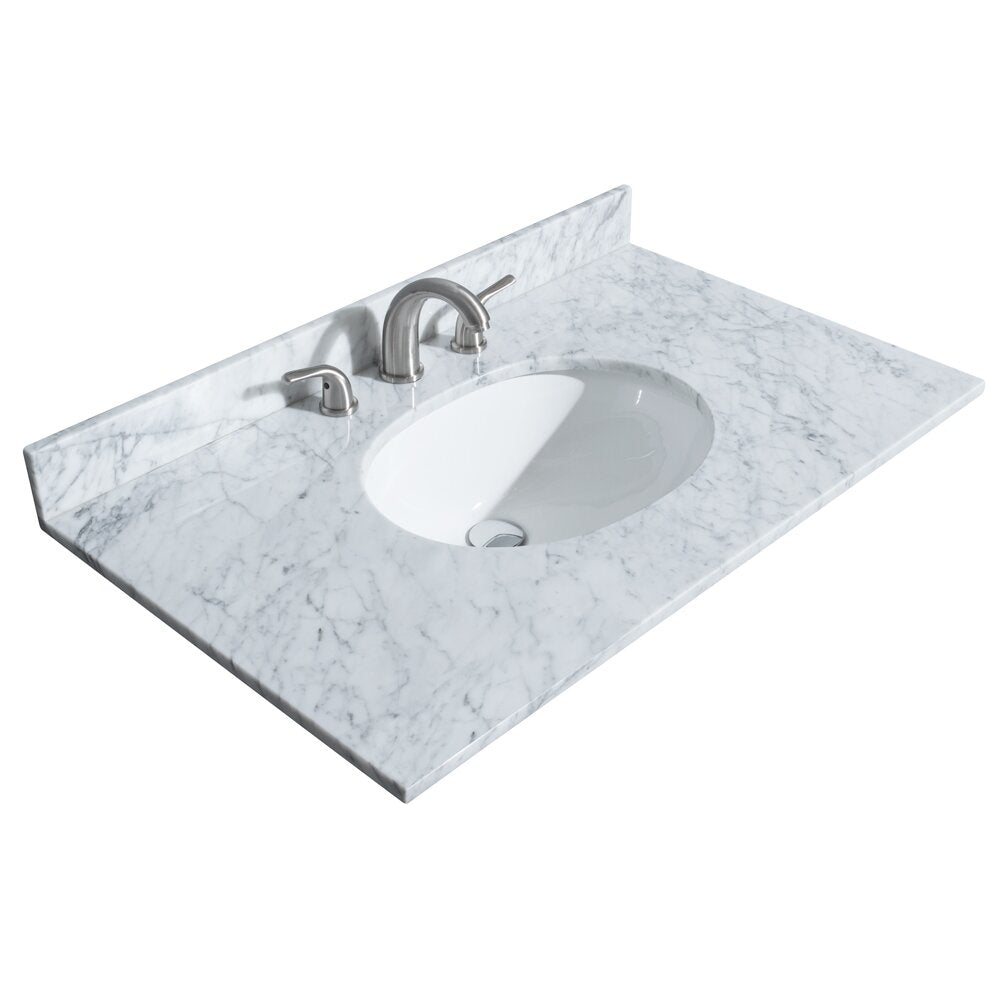White marble stone vanity top with gray veining, oval undermount ceramic sink, short backsplash, and brushed nickel three-piece faucet with separate handles.