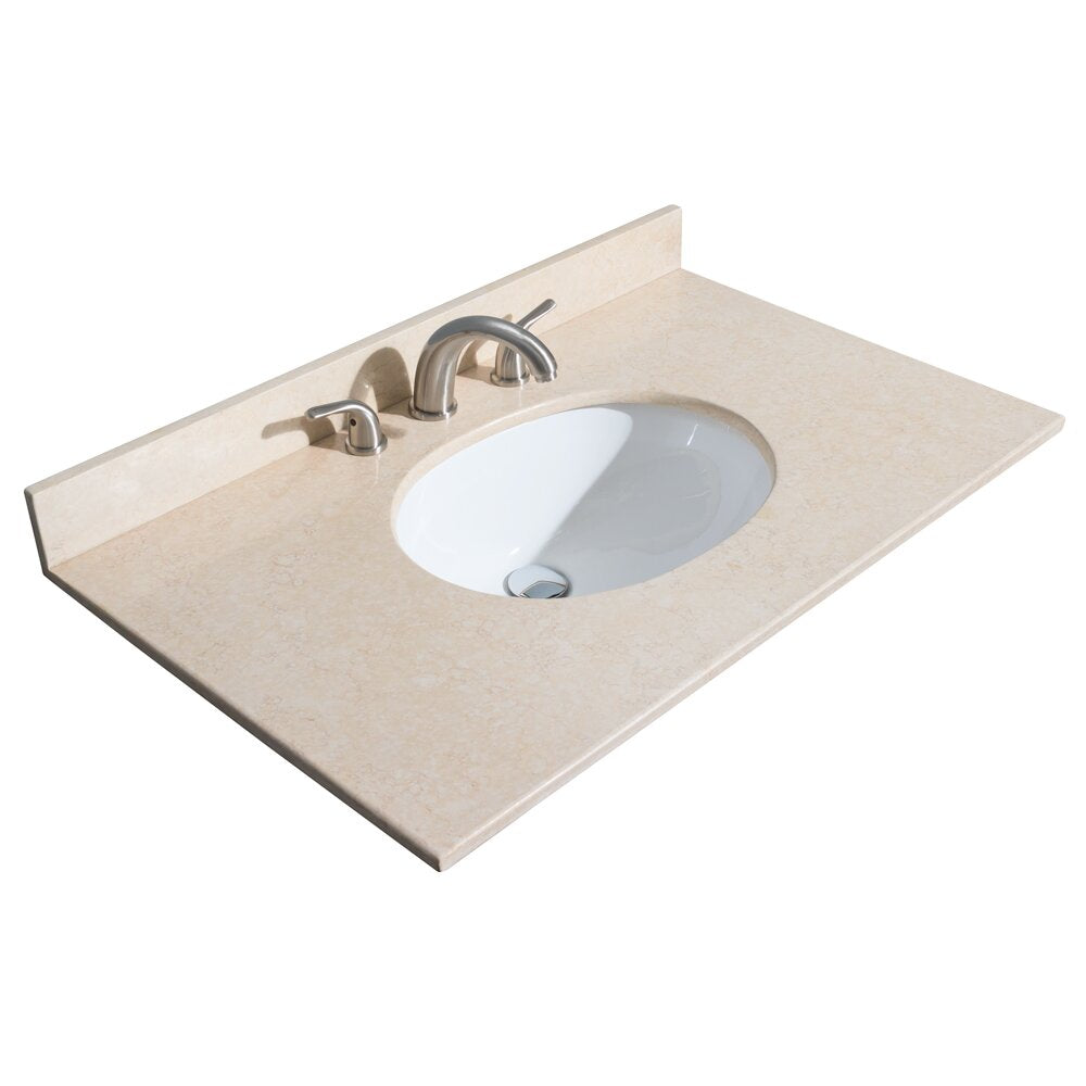 Stone-colored vanity countertop with integrated backsplash and a white oval ceramic undermount sink, paired with a brushed nickel three-piece faucet and two lever handles for a modern, contemporary bathroom.