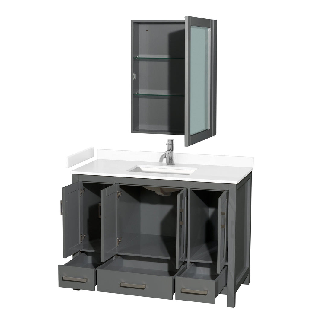 Modern 48-inch gray solid wood bathroom vanity with a white stone countertop and integrated rectangular sink, single-handle chrome faucet, open cabinet doors and drawers showing storage, plus a matching wall cabinet with glass shelves.