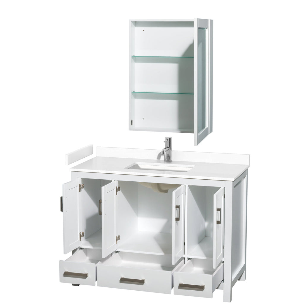 Modern white solid wood bathroom vanity with stone top and integrated rectangular undermount sink, chrome faucet, open cabinet doors and three drawers, shown with a matching wall-mounted medicine cabinet with glass shelves.