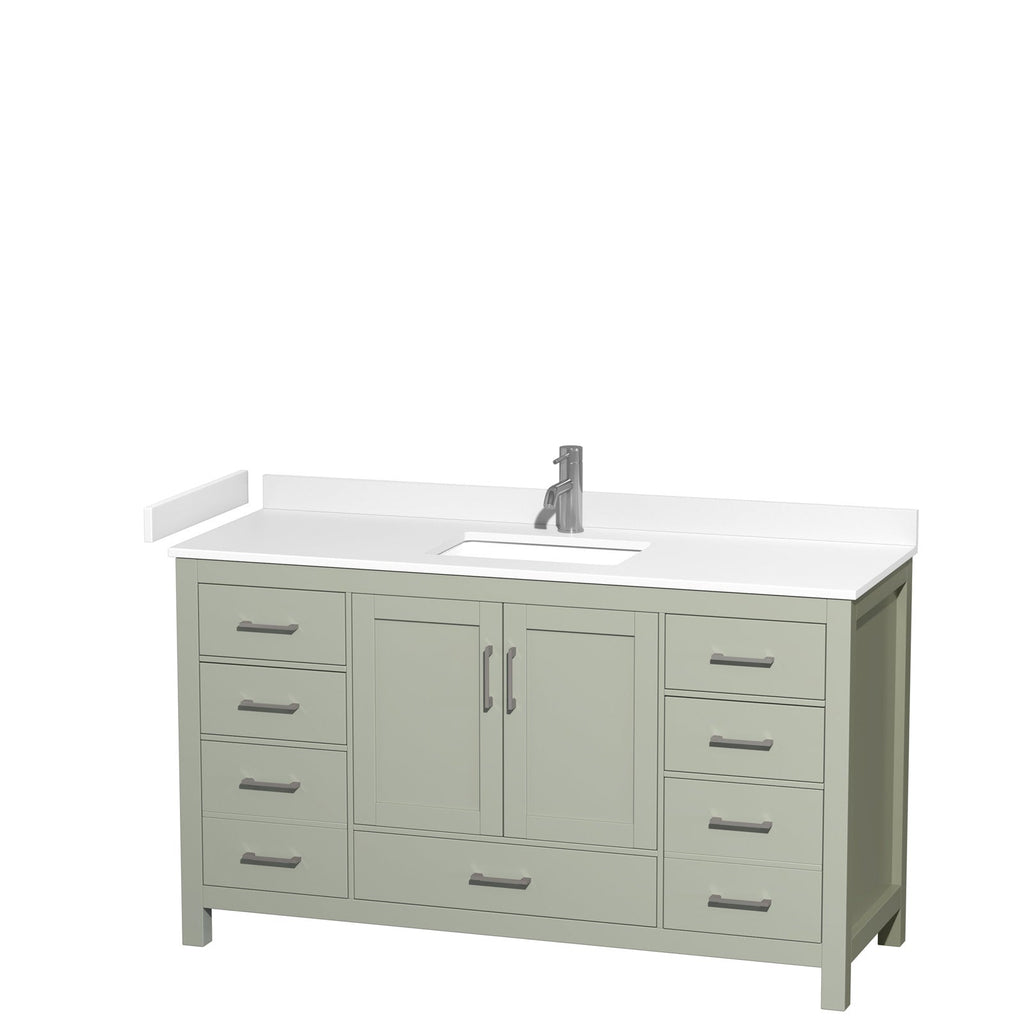 60-inch modern solid wood freestanding bathroom vanity in stone finish with white stone top and integrated rectangular ceramic sink, single chrome faucet, central cabinet doors and multiple soft-close drawers.