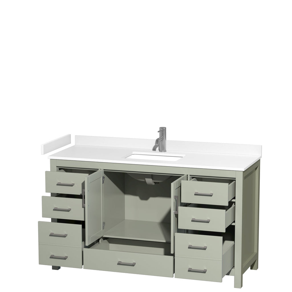 60-inch freestanding modern bathroom vanity in stone-colored solid wood with a white stone countertop, integrated rectangular ceramic sink and chrome faucet, open drawers and center cabinet revealing storage and plumbing.