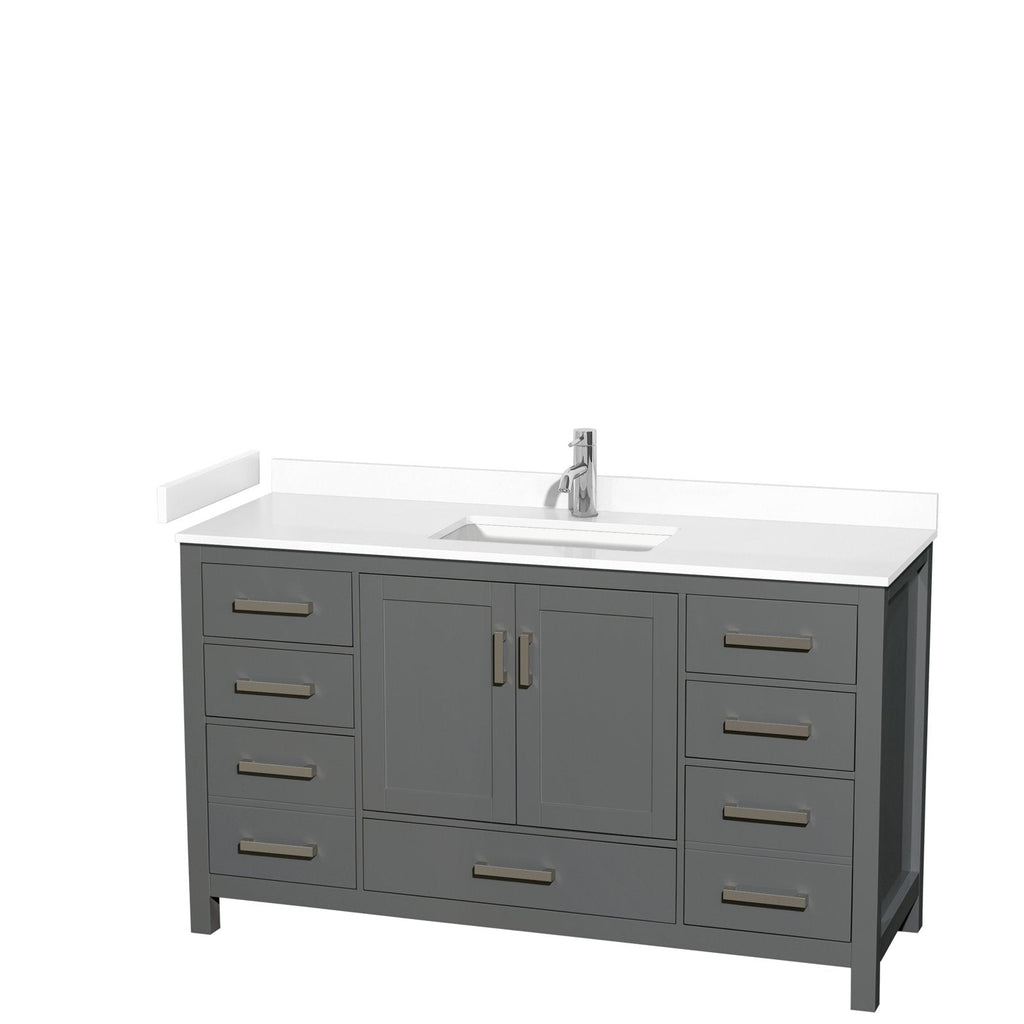 60-inch freestanding gray solid-wood bathroom vanity with white stone countertop, integrated rectangular ceramic sink, single chrome faucet, central double-door cabinet and multiple drawers.