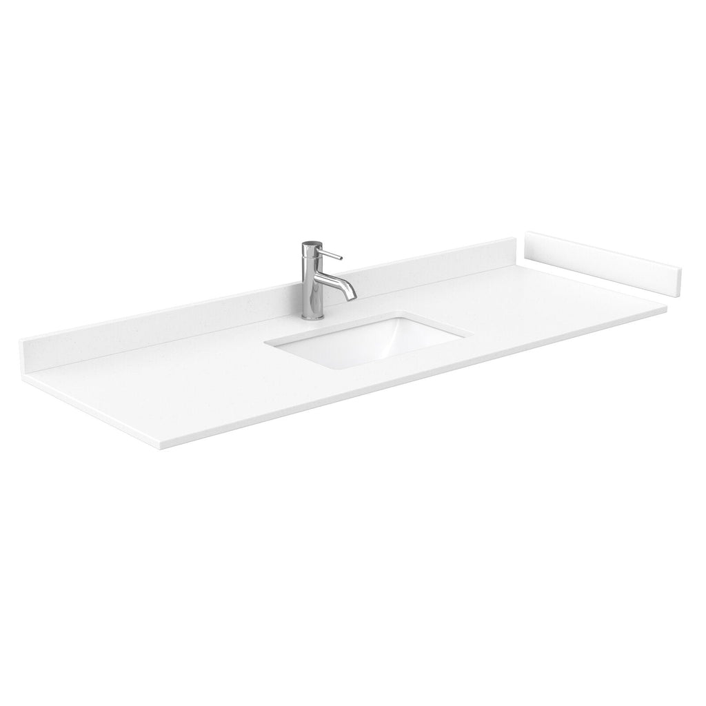 Stone-colored vanity countertop with integrated rectangular sink and single chrome faucet, featuring a low backsplash and right-side splash; shown as the freestanding top without the cabinet base.