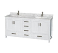 72-inch white solid-wood bathroom vanity with a stone marble-look countertop and low backsplash, two rectangular undermount sinks, brushed chrome single-handle faucets and matching hardware, center drawers and cabinet storage.